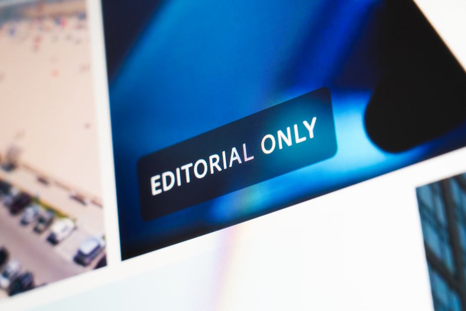 Close-up of 'Editorial Only' label on a digital display screen, emphasizing editorial content.